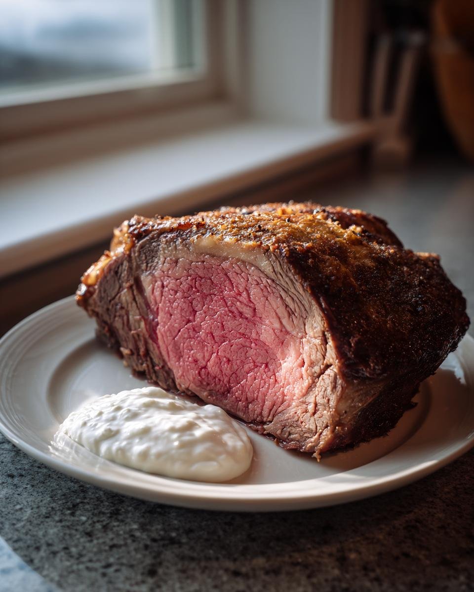 A thick slice of medium-rare Savory Prime Rib Roast Recipe served on a white plate next to a dollop of white horseradish sauce.