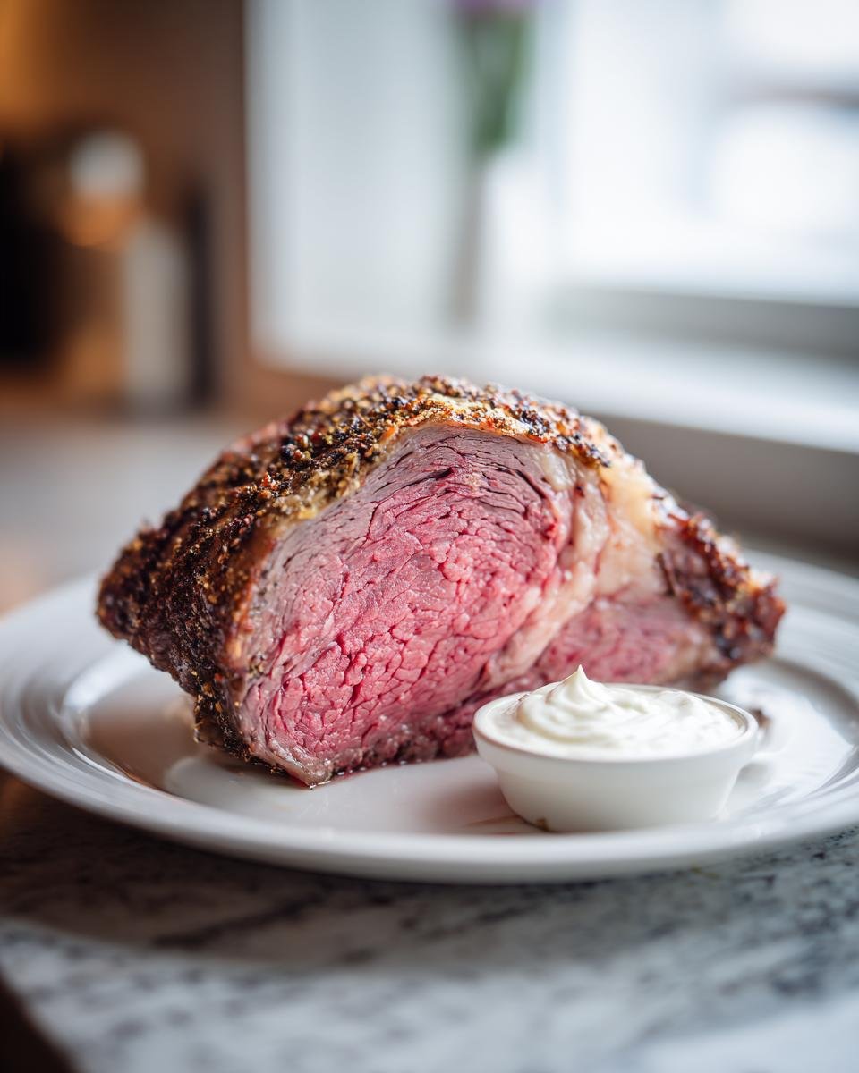 A thick slice of medium-rare Savory Prime Rib Roast Recipe with a dark, seasoned crust, served next to horseradish sauce.
