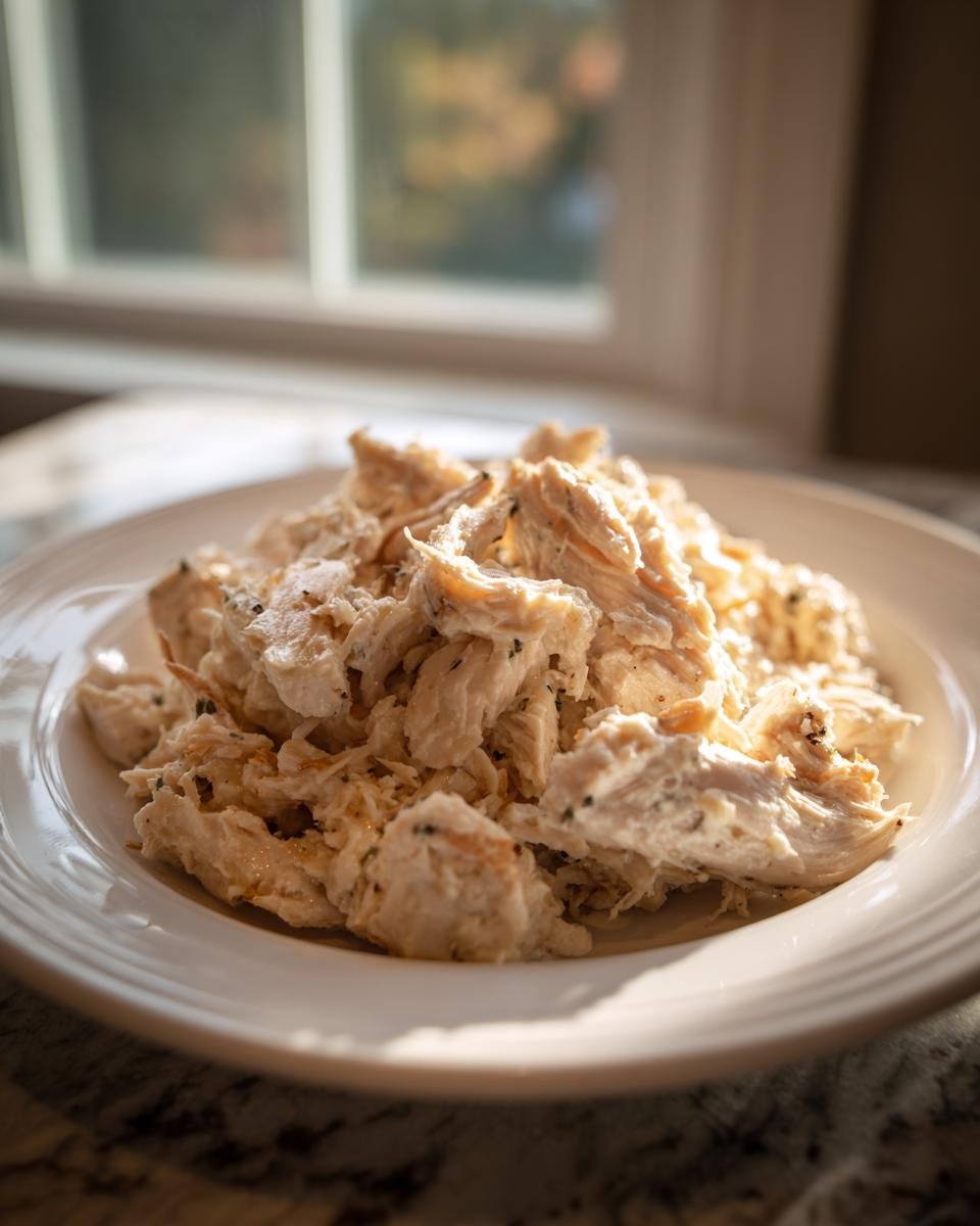 A close-up of shredded Irresistible Crockpot Ranch Chicken piled high on a white plate, lit by natural window light.