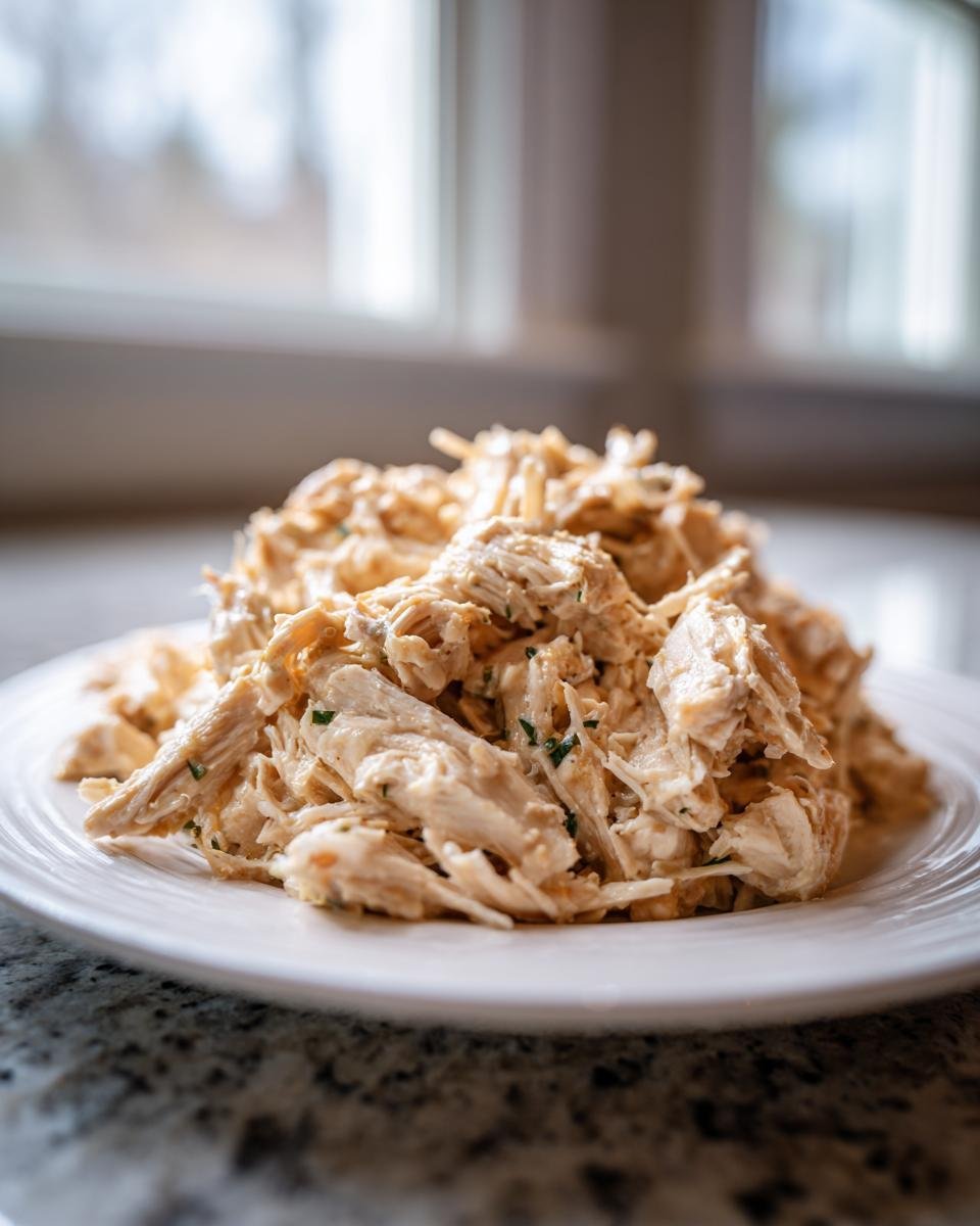 A close-up of shredded Irresistible Crockpot Ranch Chicken piled high on a white plate.