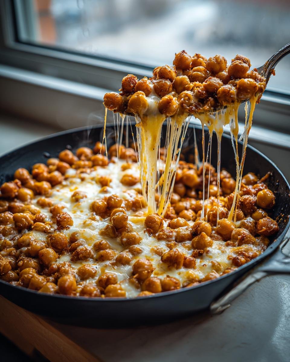 A spoonful of Irresistible Skillet Cheesy Chickpeas being lifted, showing long, stretchy melted cheese strings.