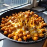 A spoonful lifts crispy chickpeas covered in melted, stretchy cheese from a skillet of Irresistible Skillet Cheesy Chickpeas.