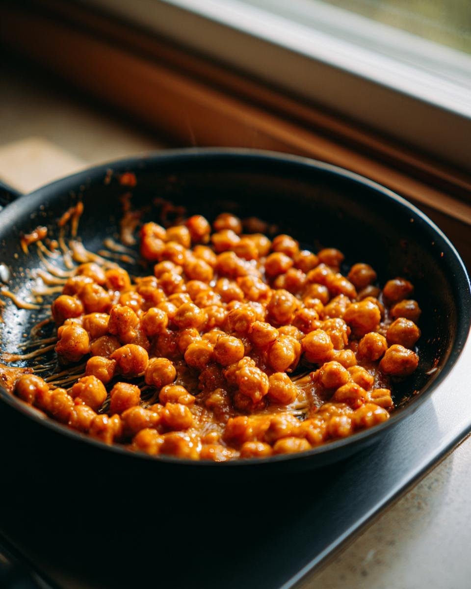 Close-up of hot, saucy Irresistible Skillet Cheesy Chickpeas simmering in a black frying pan near a window.