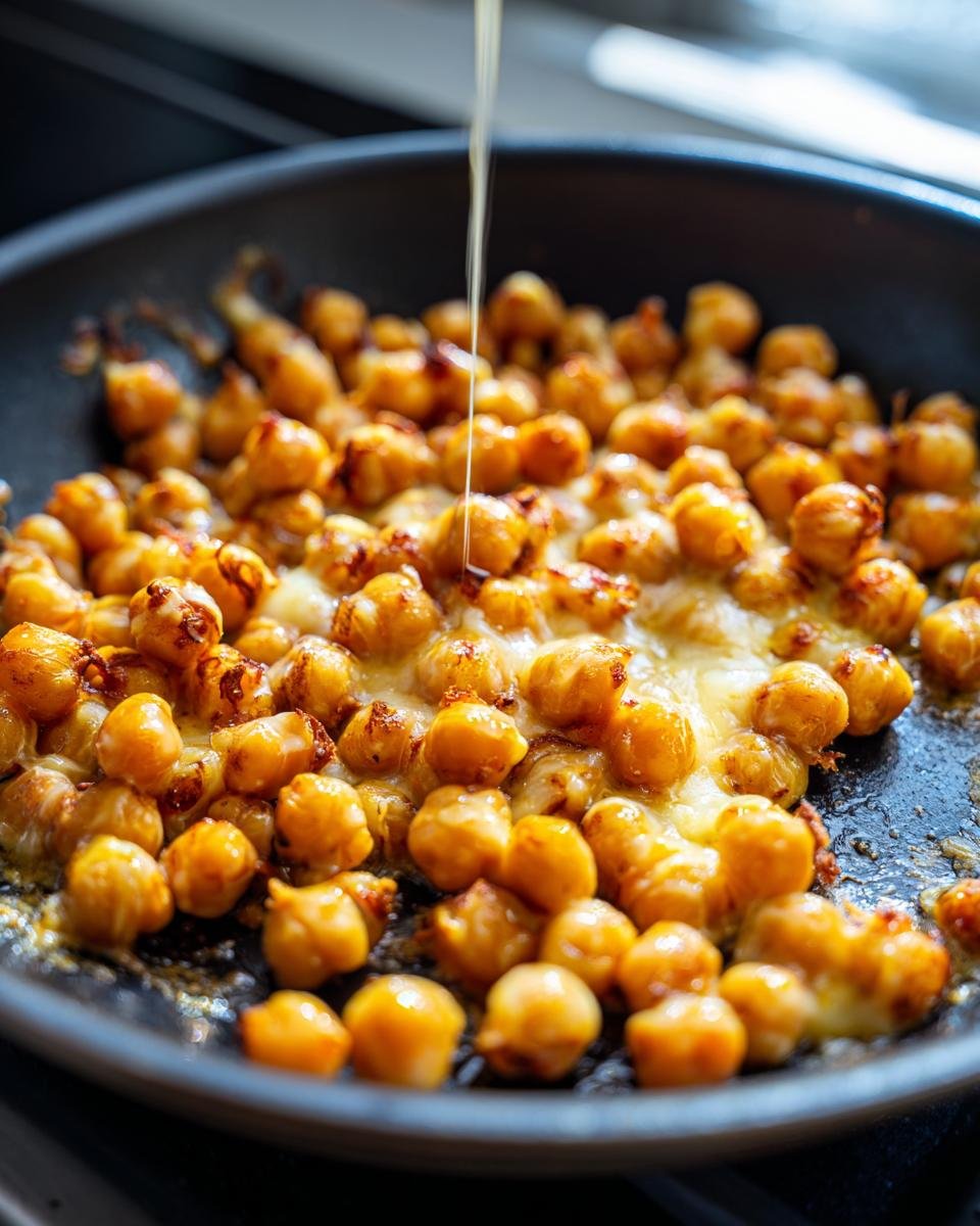 Close-up of Irresistible Skillet Cheesy Chickpeas melting in a black pan with a stream of liquid being poured over them.