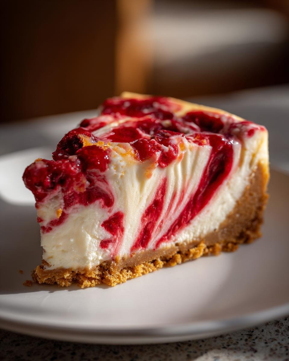 Close-up of a slice of cheesecake featuring a graham cracker crust and a creamy white filling swirled dramatically with bright red cranberry topping.