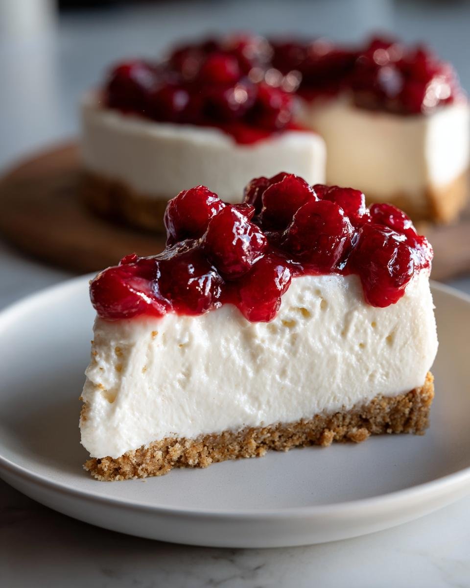 Close-up of a slice of Irresistible Almost No Bake Christmas Cheesecake with a thick graham cracker crust and bright red cherry topping.