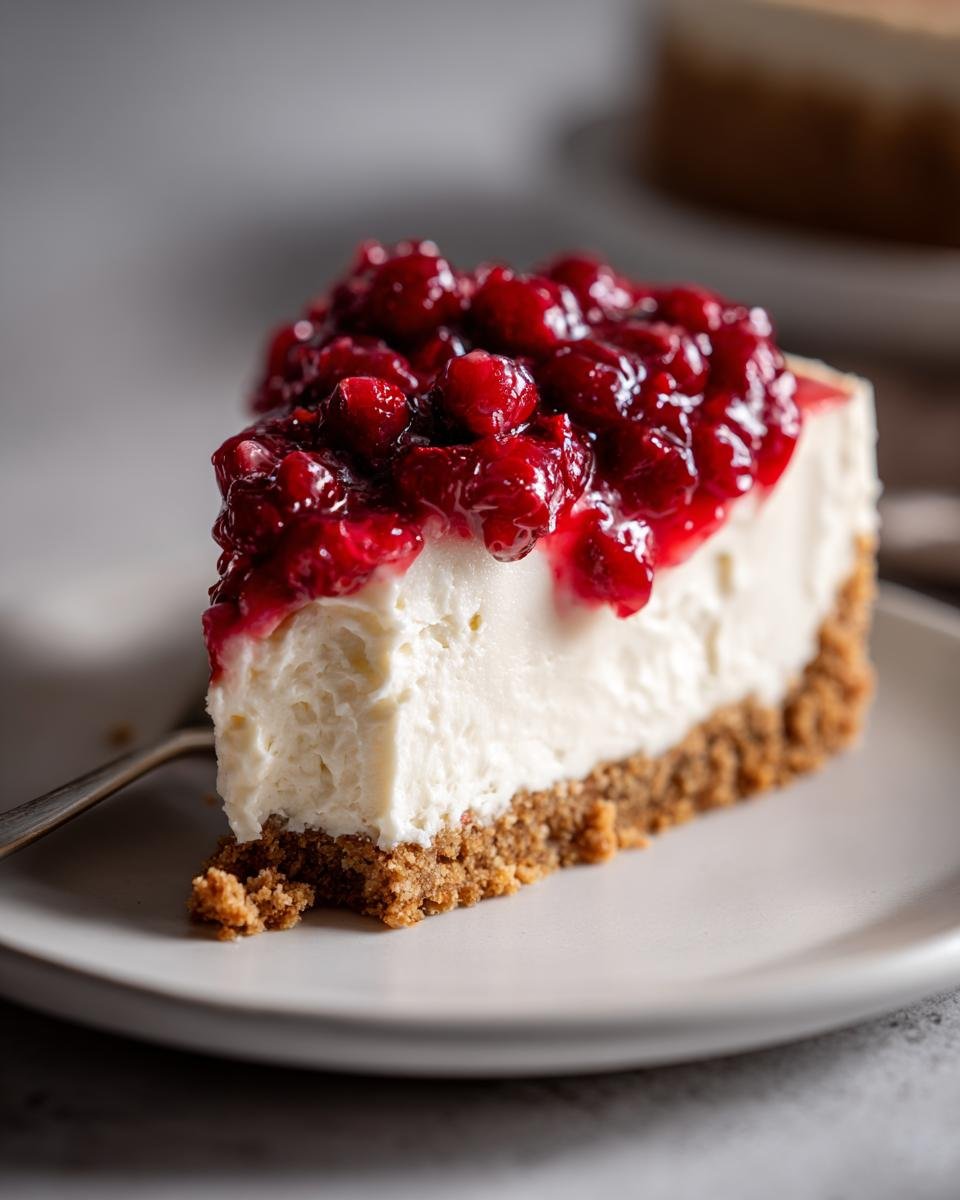 Close-up of a creamy slice of Irresistible Almost No Bake Christmas Cheesecake topped with bright red cranberry sauce.