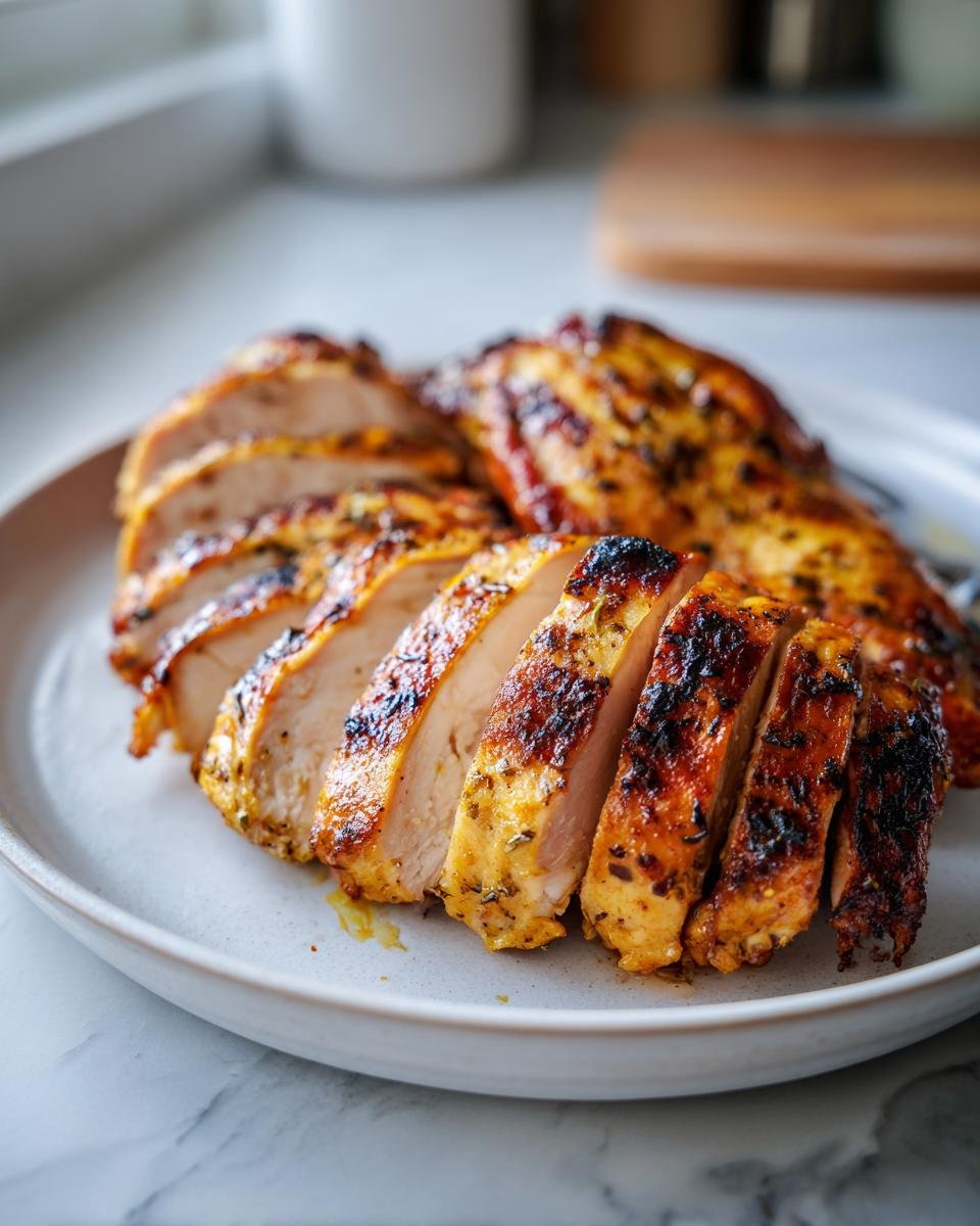 Close-up of sliced, grilled Vietnamese Lemongrass Chicken with a caramelized, herby crust.
