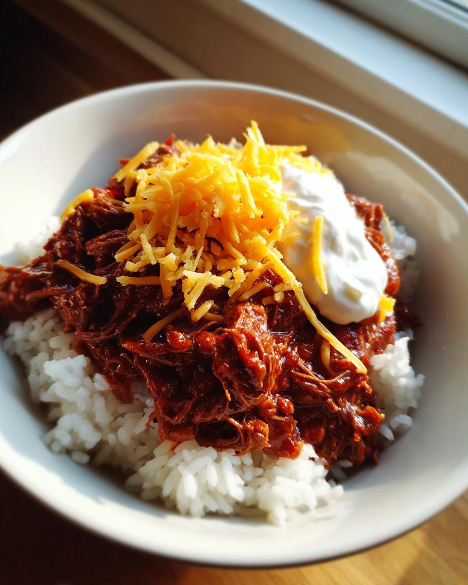 A white bowl filled with rice, topped with shredded chipotle beef, shredded cheddar cheese, and sour cream, ready for Irresistible Slow Cooker Chipotle Beef Burrito Bowls.