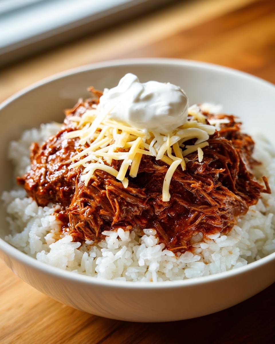 A white bowl filled with white rice, topped with rich, shredded Slow Cooker Chipotle Beef, shredded cheese, and a dollop of sour cream.