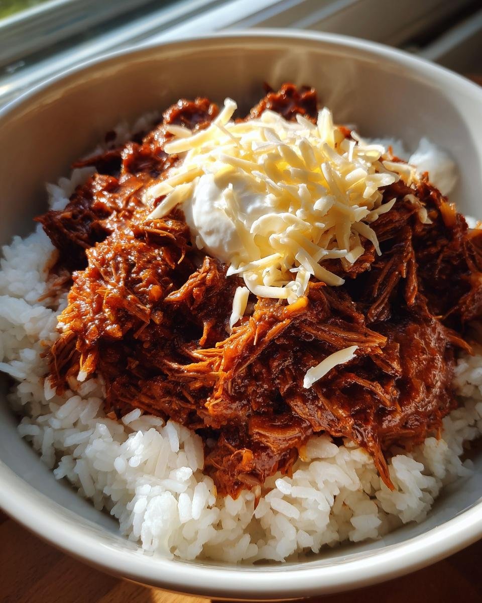 Close-up of an Irresistible Slow Cooker Chipotle Beef Burrito Bowl topped with shredded cheese and sour cream over white rice.