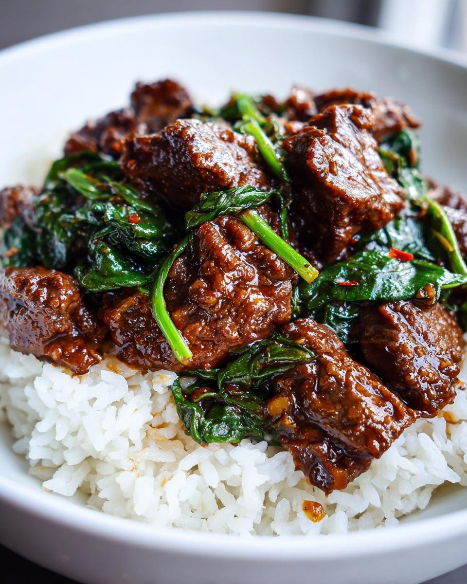 Close-up of Irresistible Slow Cooker Korean Beef mixed with spinach served over fluffy white rice in a bowl.