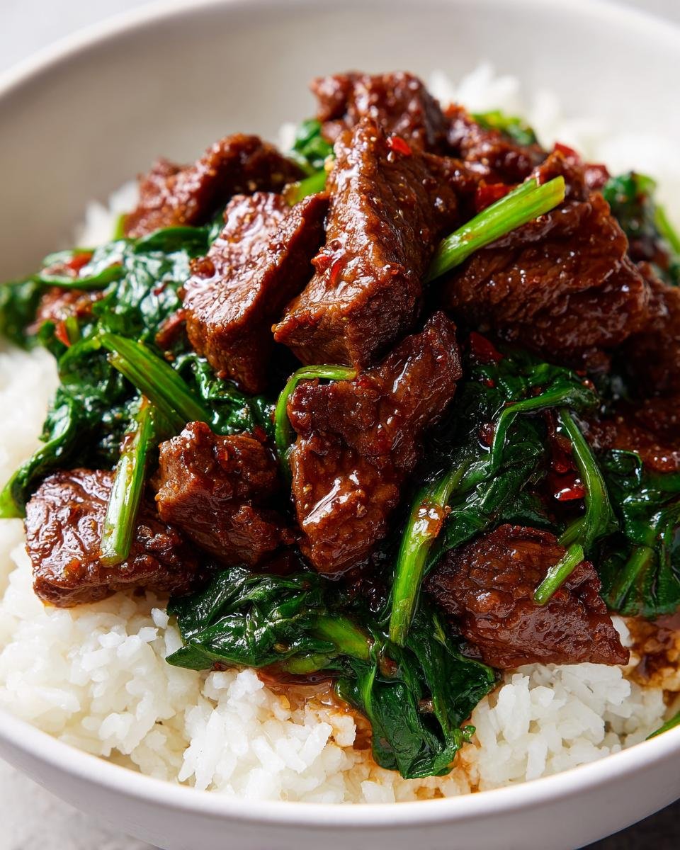 Close-up of Irresistible Slow Cooker Korean Beef served over white rice with wilted spinach.