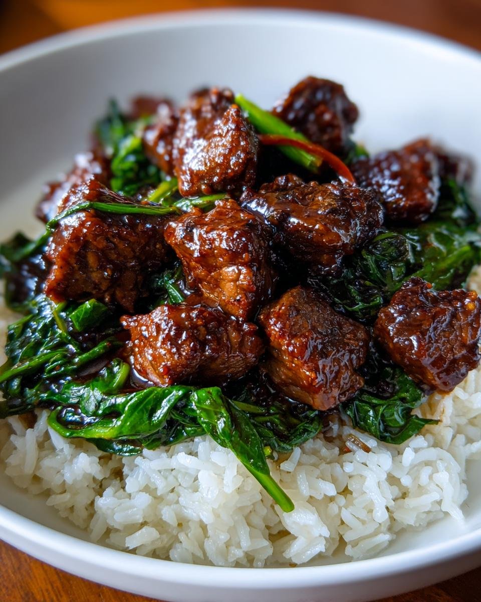 Close-up of Irresistible Slow Cooker Korean Beef served over white rice and wilted spinach.