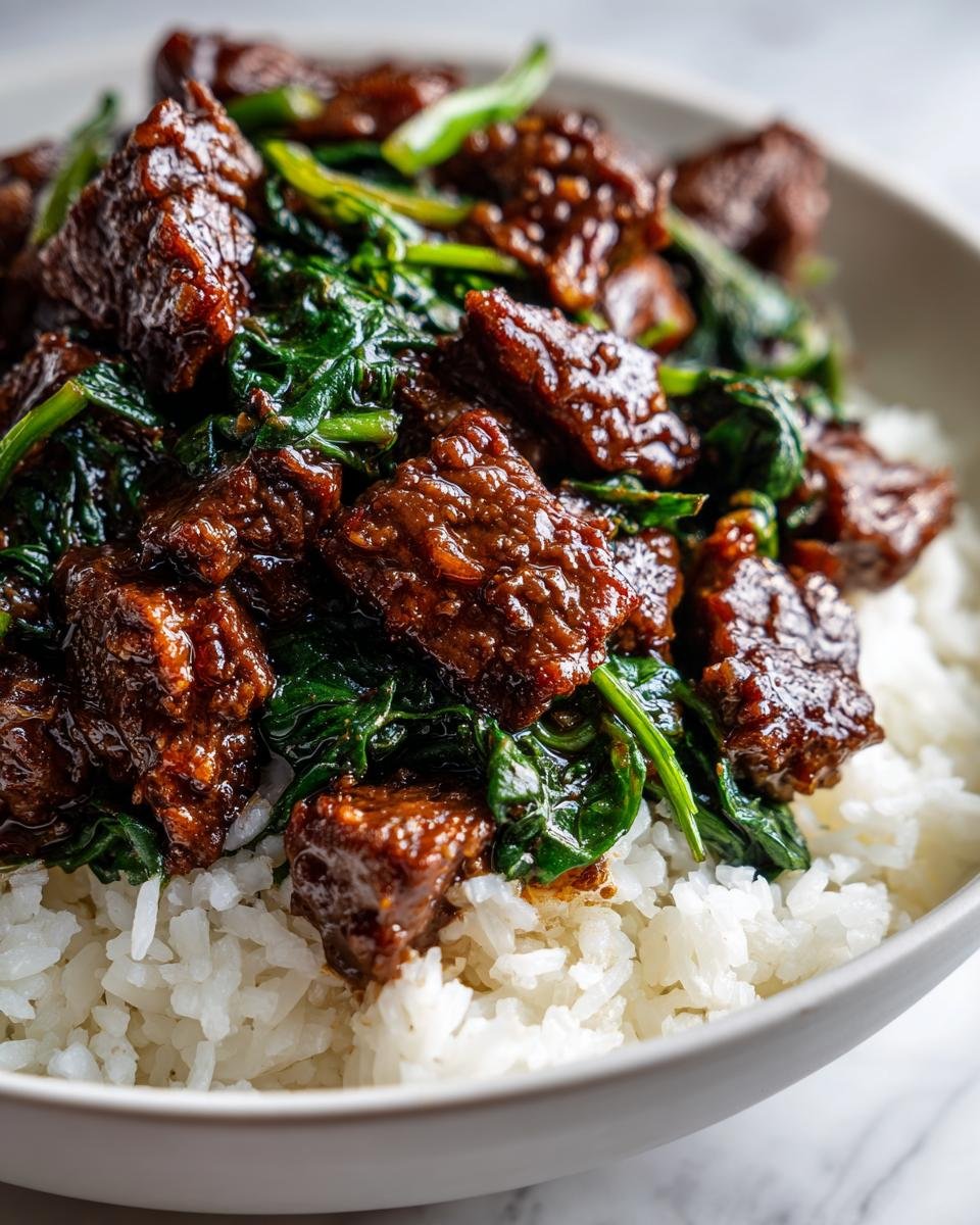 Close-up of Irresistible Slow Cooker Korean Beef mixed with wilted spinach served over fluffy white rice in a bowl.