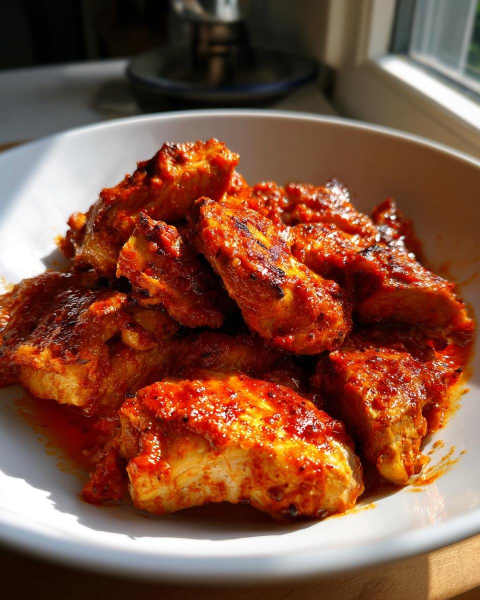 Close-up of tender chicken pieces coated in vibrant red Peri Peri sauce from the Slow Cooker Peri Peri Chicken Recipe.