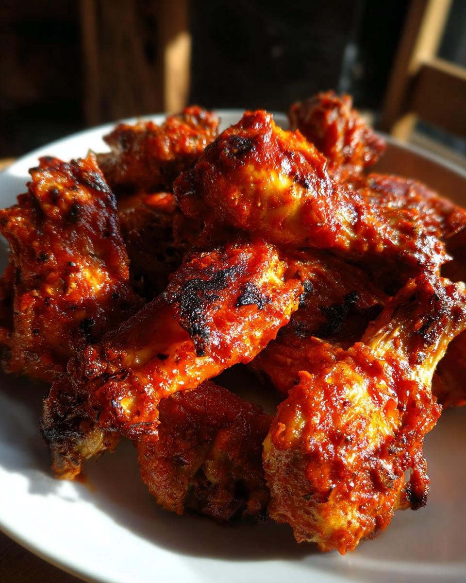 A pile of intensely red, glazed chicken wings coated in Peri Peri sauce, ready to eat.