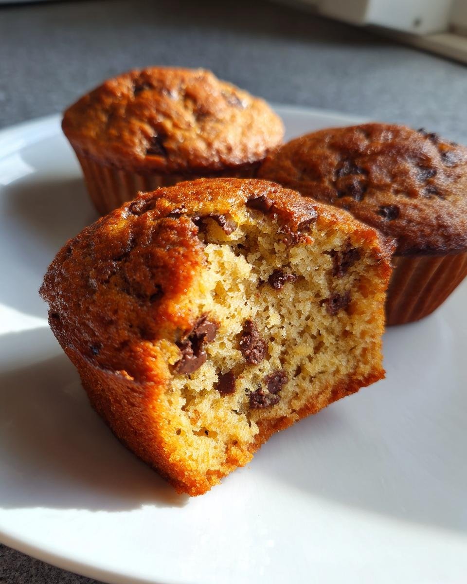 A close-up of one of the Small Batch Banana Chocolate Chip Muffins with a bite taken out, showing the moist interior and chocolate chips.