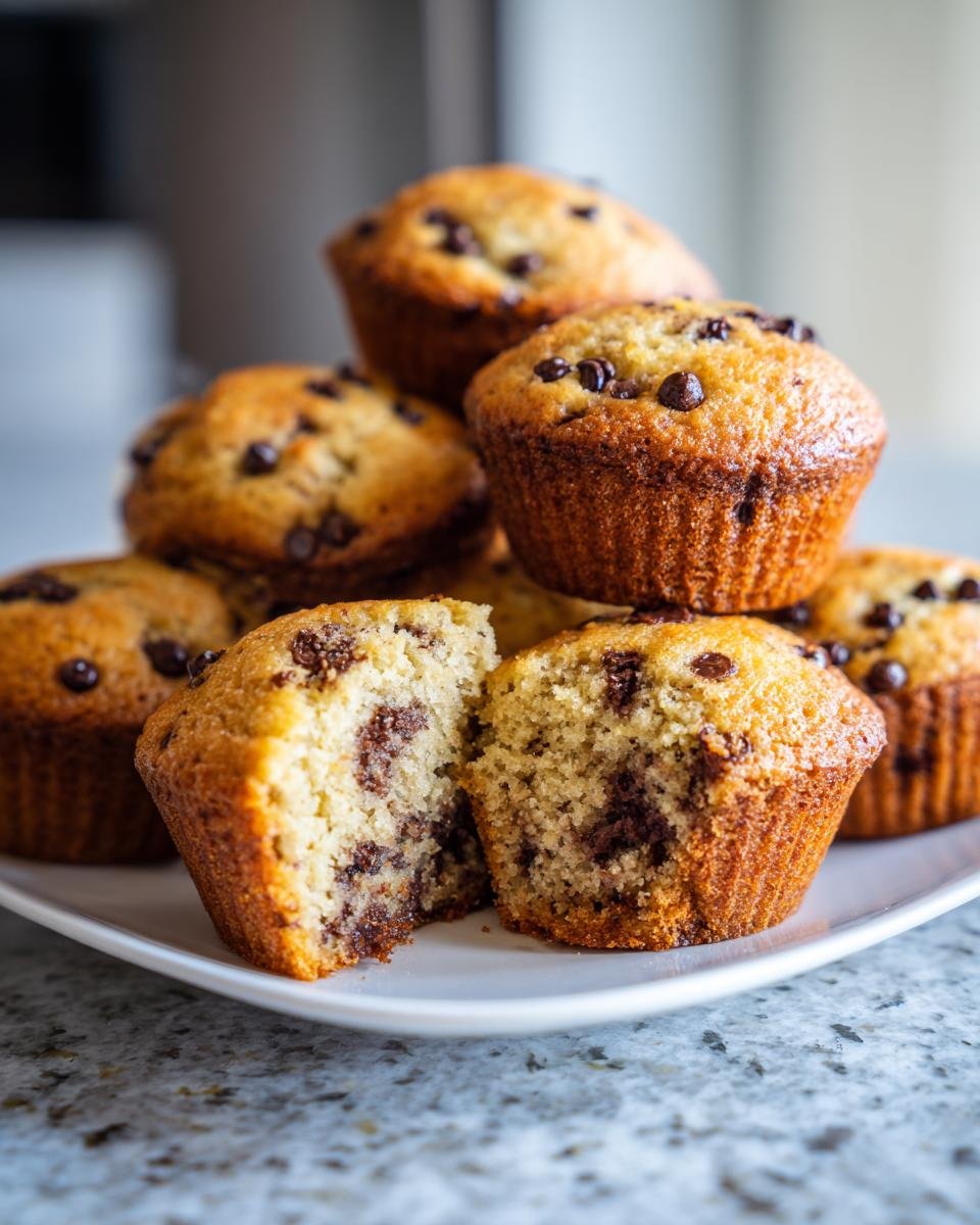 A stack of golden brown Small Batch Banana Chocolate Chip Muffins, one split open showing moist interior.