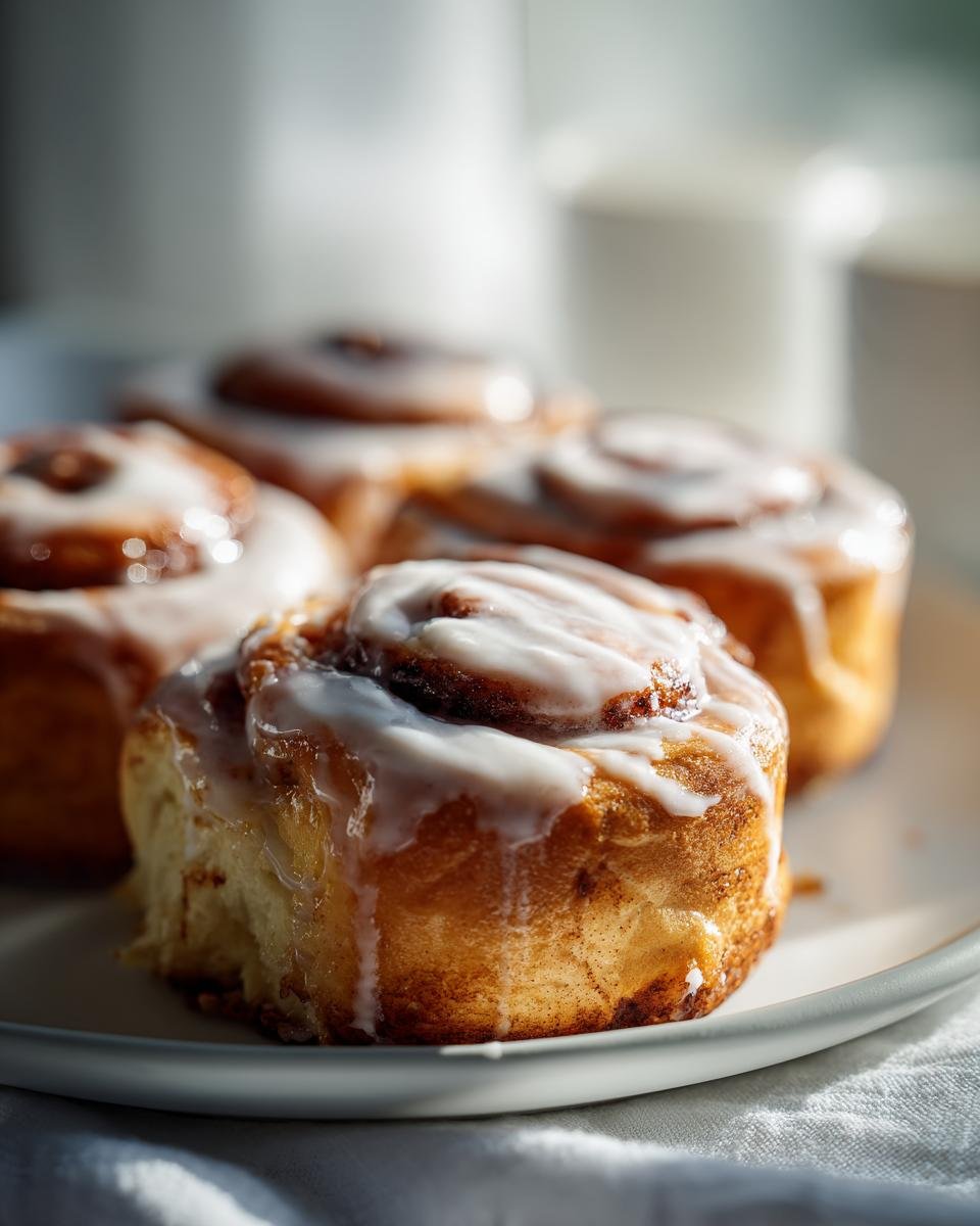 Close-up of several soft Paleo Cinnamon Rolls drizzled generously with white icing, sitting on a light plate.