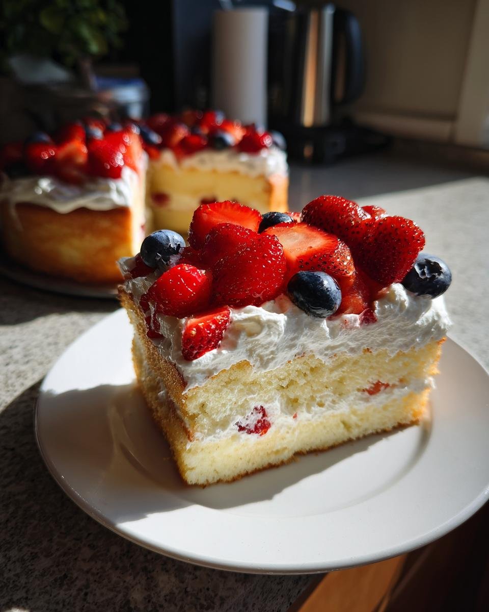 A slice of Irresistible Sparkling Berry Champagne Cake topped with whipped cream, strawberries, and blueberries on a white plate.