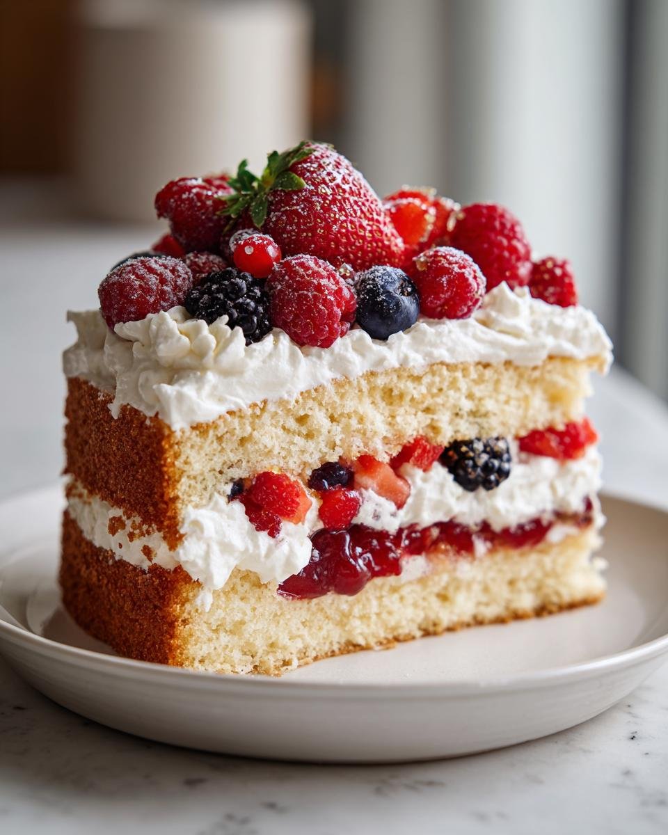 A tall slice of Irresistible Sparkling Berry Champagne Cake layered with cream and jam, topped with fresh berries.