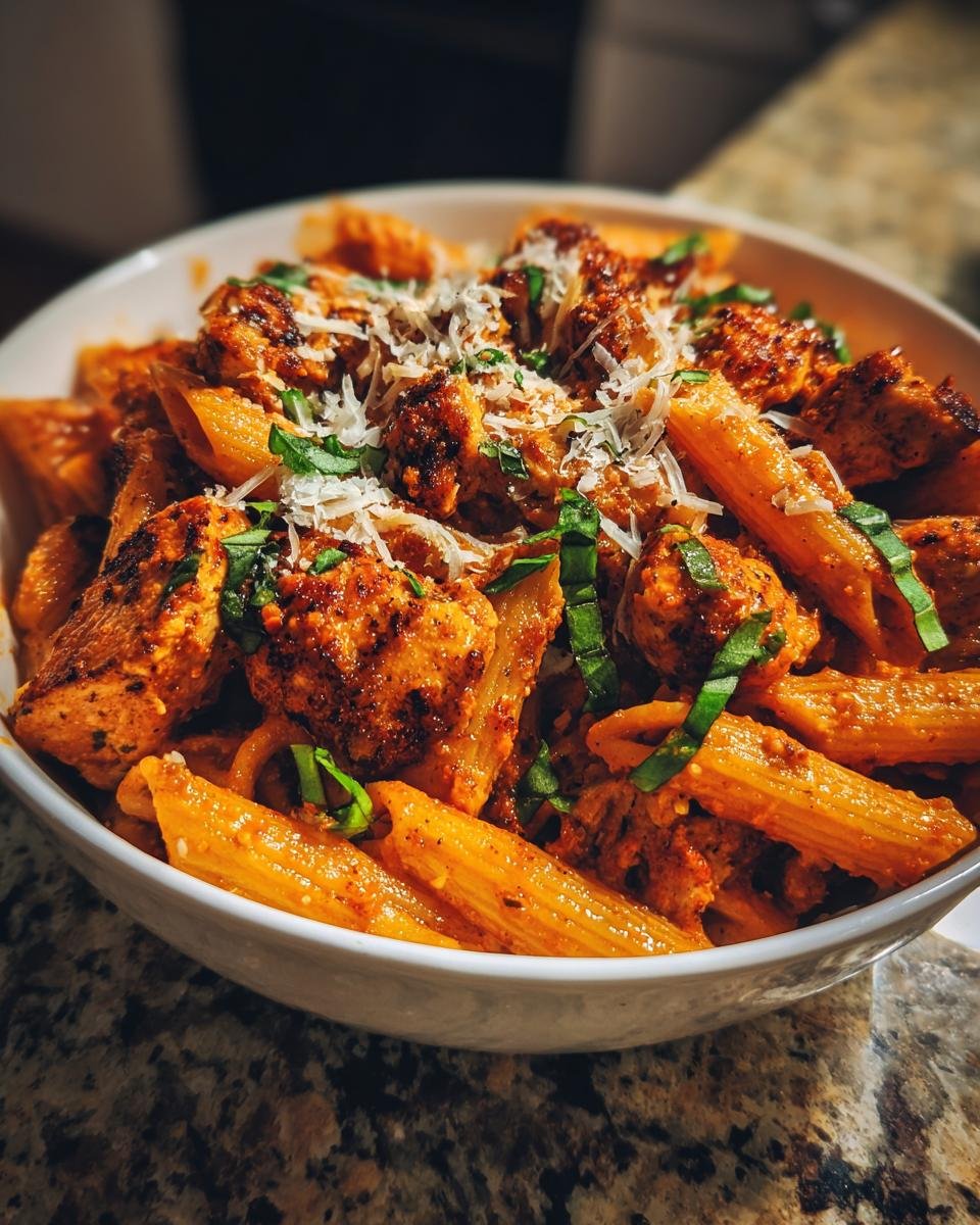 Close-up of Spicy Chicken Fra Diavolo Pasta with penne, seasoned chicken pieces, and grated cheese.