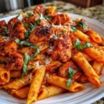 Close-up of Spicy Chicken Fra Diavolo Pasta featuring penne tossed in a rich red sauce with seasoned chicken chunks, cheese, and basil.