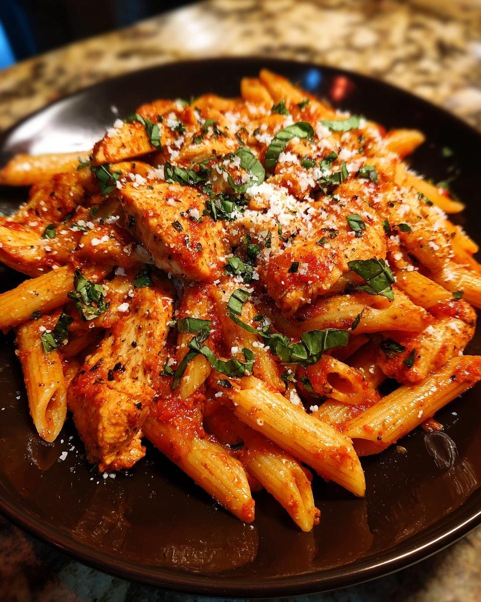 Close-up of Spicy Chicken Fra Diavolo Pasta with penne, red sauce, chicken pieces, and basil garnish.
