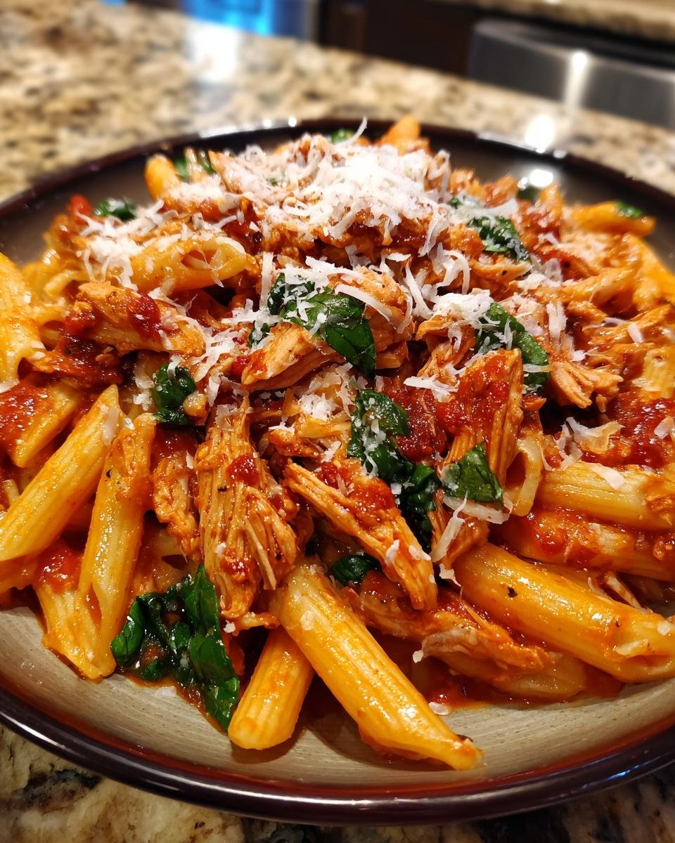 Close-up of Spicy Chicken Fra Diavolo Pasta with penne, shredded chicken, red sauce, and grated Parmesan cheese.