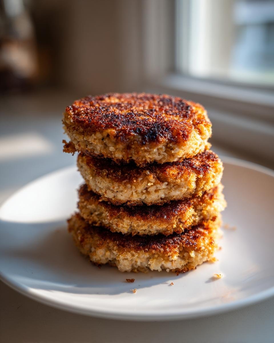 A stack of four perfectly browned and crispy Irresistible Tuna Patties resting on a white plate near a window.