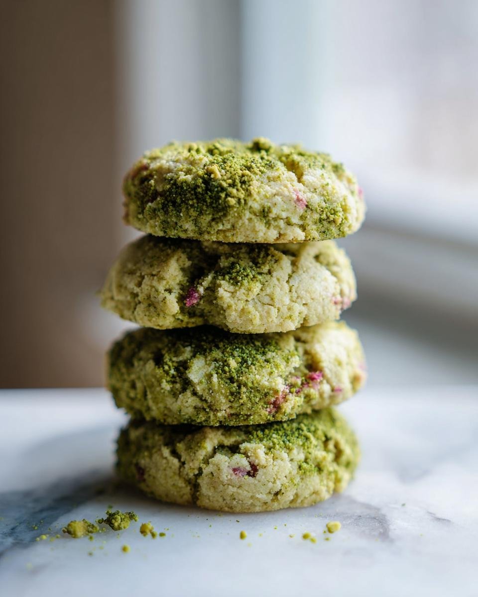 A stack of four Irresistible Strawberry Matcha Shortbread Cookies dusted with green matcha powder.