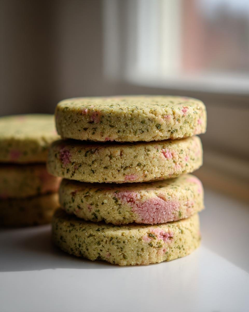 A close-up stack of four Irresistible Strawberry Matcha Shortbread Cookies showing green matcha specks and pink strawberry swirls.