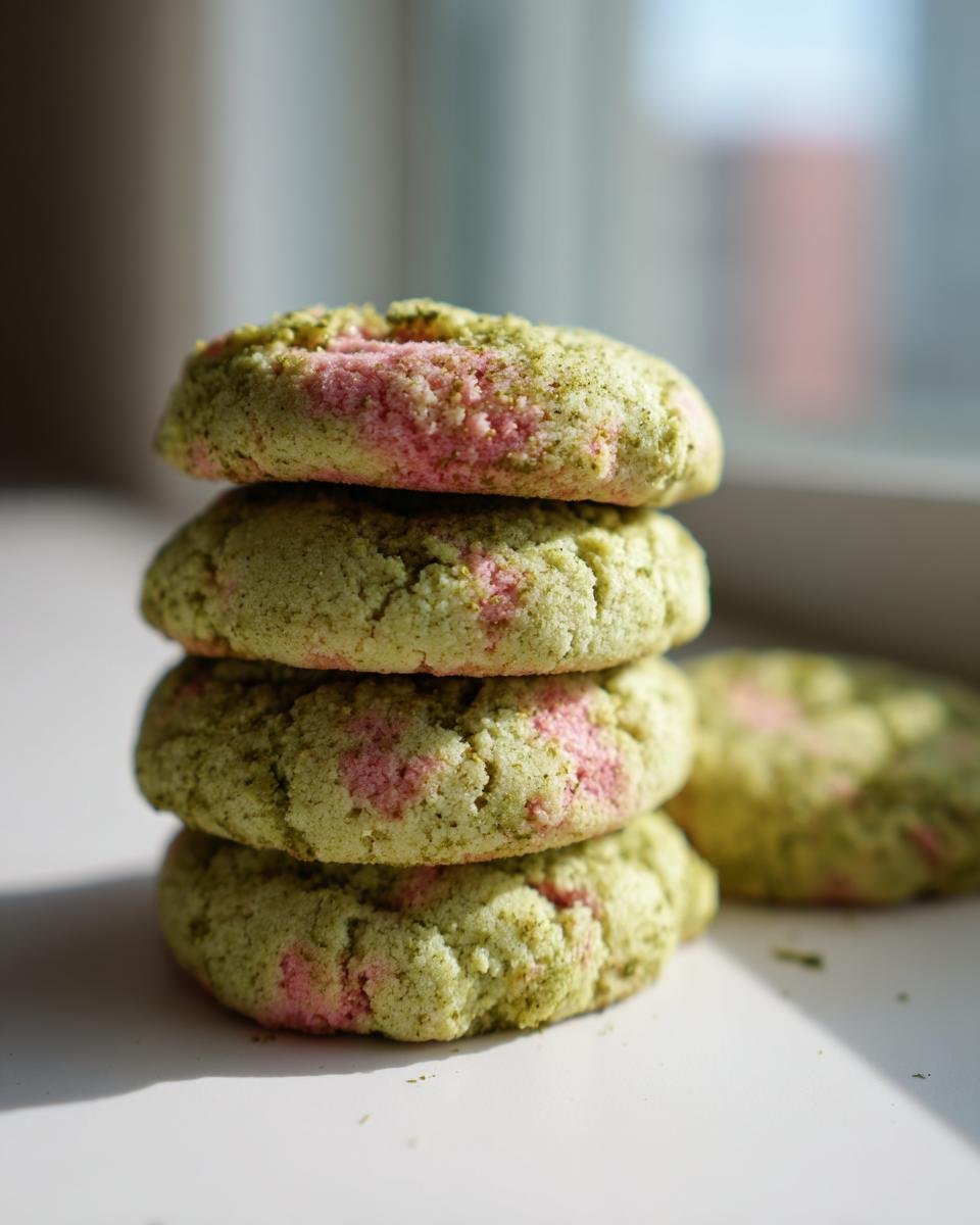 A stack of four Irresistible Strawberry Matcha Shortbread Cookies featuring green matcha and pink strawberry swirls.