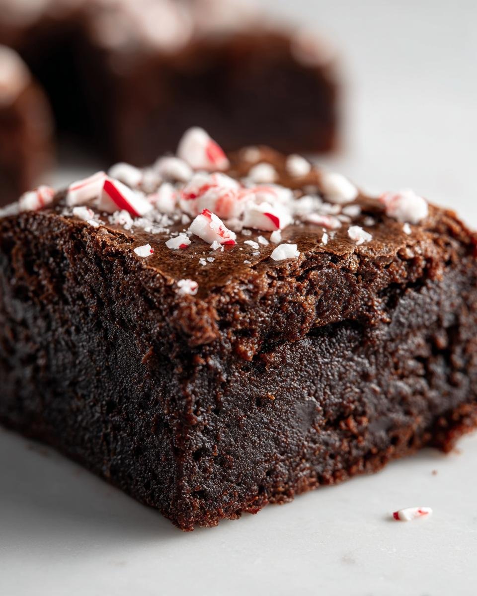 A close-up of a rich, dark chocolate Sugar Free Peppermint Brownie Squares topped with crushed candy canes.