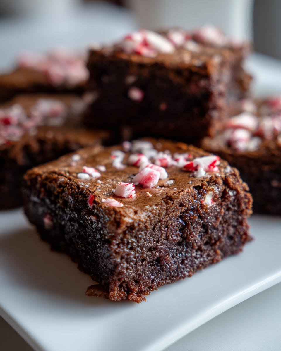A close-up of a rich, fudgy Sugar Free Peppermint Brownie Square topped with crushed candy canes.
