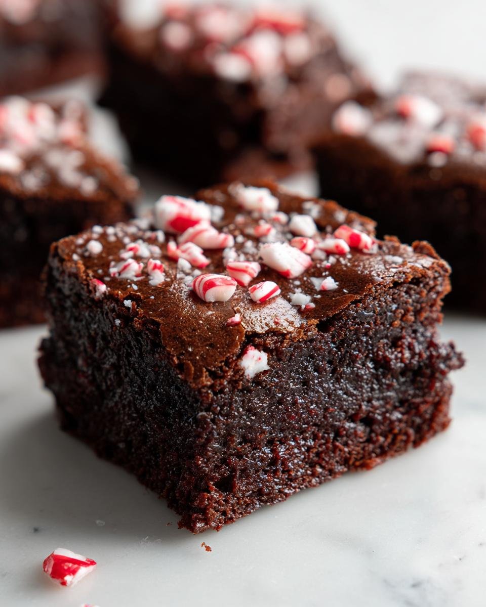 A rich, fudgy square of Decadent Sugar Free Peppermint Brownie Squares topped with crushed candy canes.