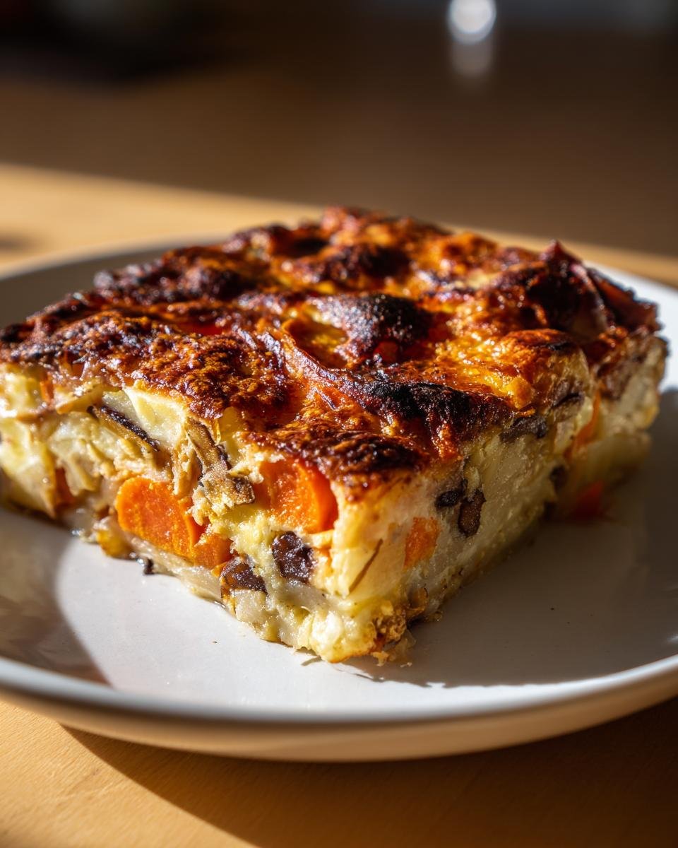 A square slice of Irresistible Thanksgiving Veggie Gratin with a deeply browned, cheesy top, showing layers of carrots and potatoes.