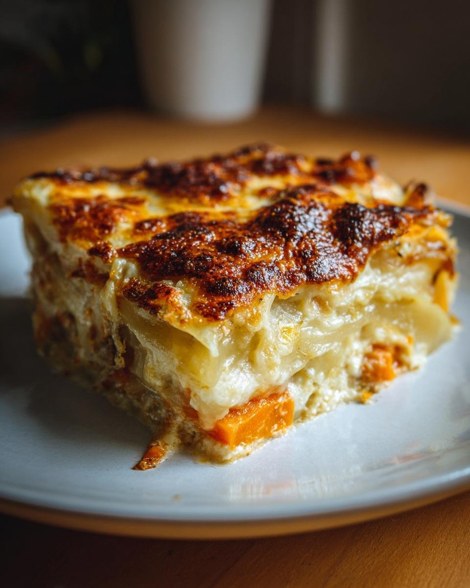 A close-up of a square slice of Irresistible Thanksgiving Veggie Gratin with a golden-brown, bubbly cheese crust.