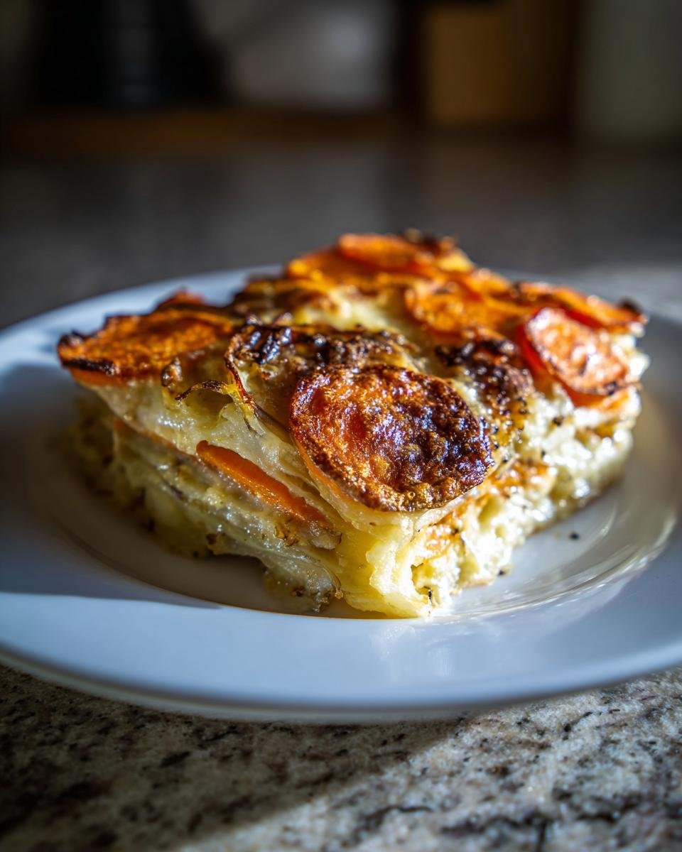 A close-up slice of Irresistible Thanksgiving Veggie Gratin Recipe with browned, cheesy top layers.