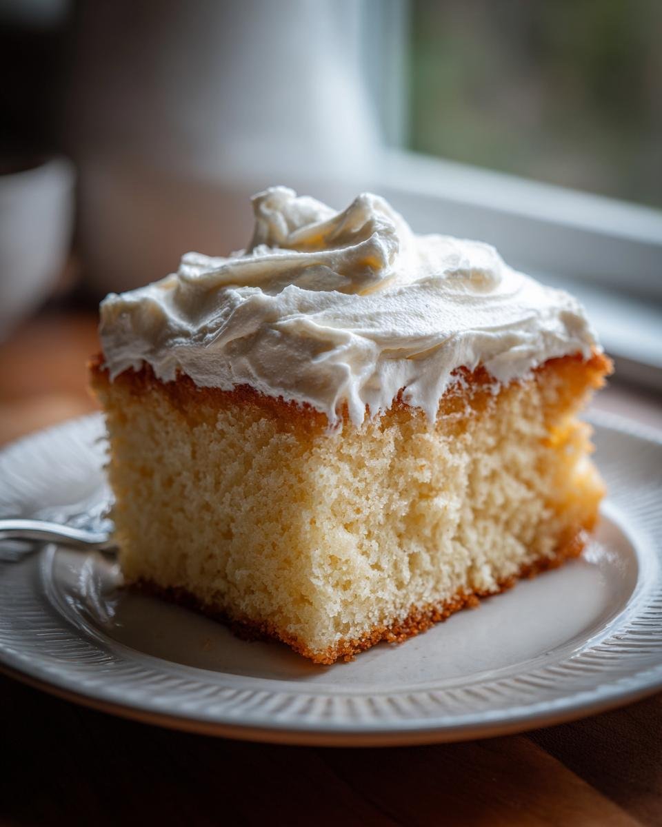 A moist slice of Irresistible Homemade Tres Leches Cake Recipe topped with fluffy white whipped cream.