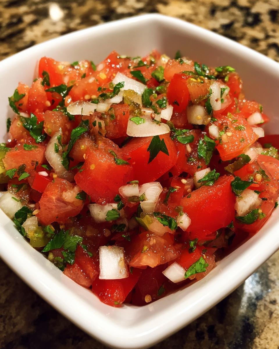 Close-up of fresh, chunky Two Minute Easy Pico De Gallo with diced tomatoes, onions, and cilantro in a white bowl.