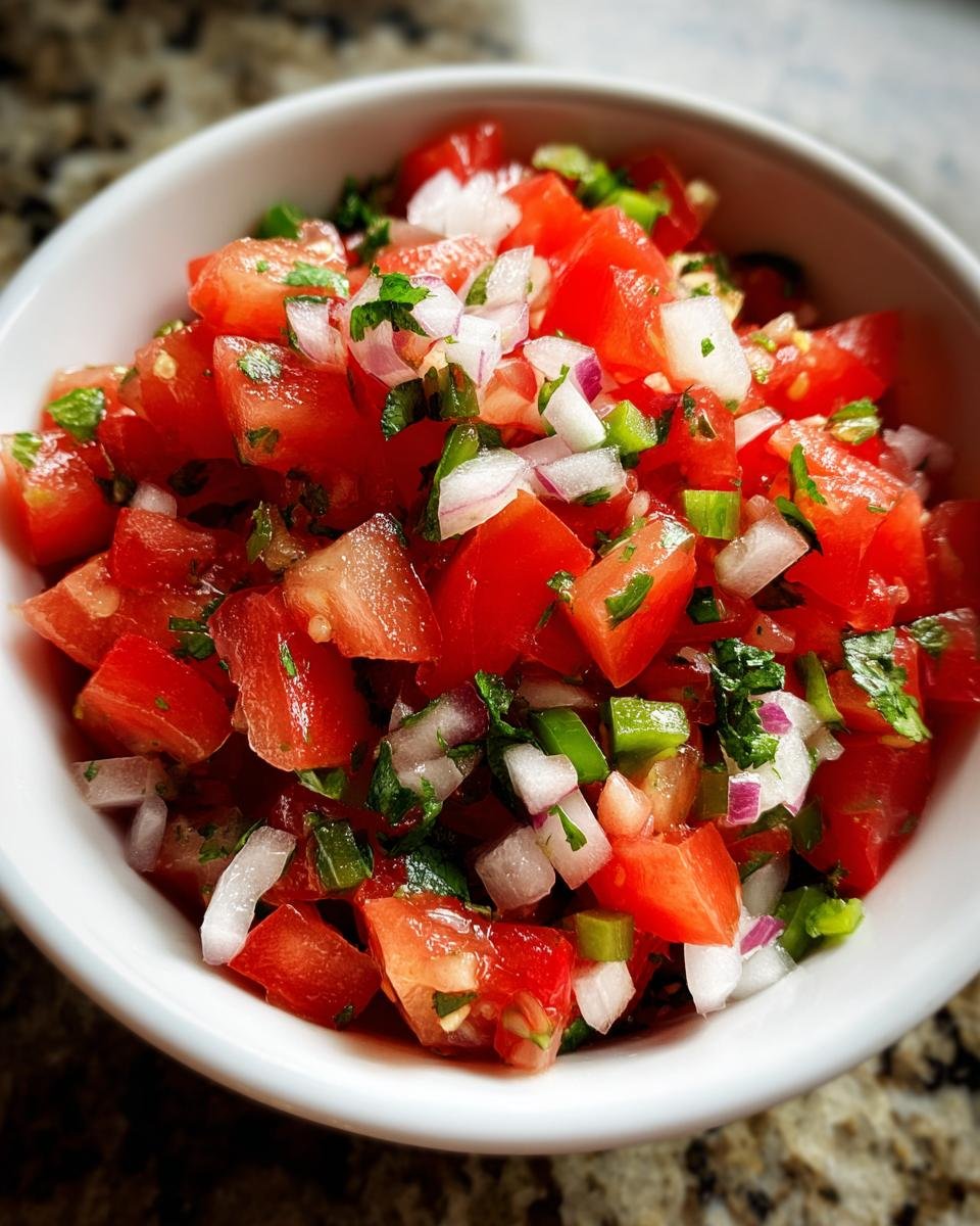 Close-up of fresh, chunky Two Minute Easy Pico De Gallo with diced tomatoes, red onion, and cilantro in a white bowl.