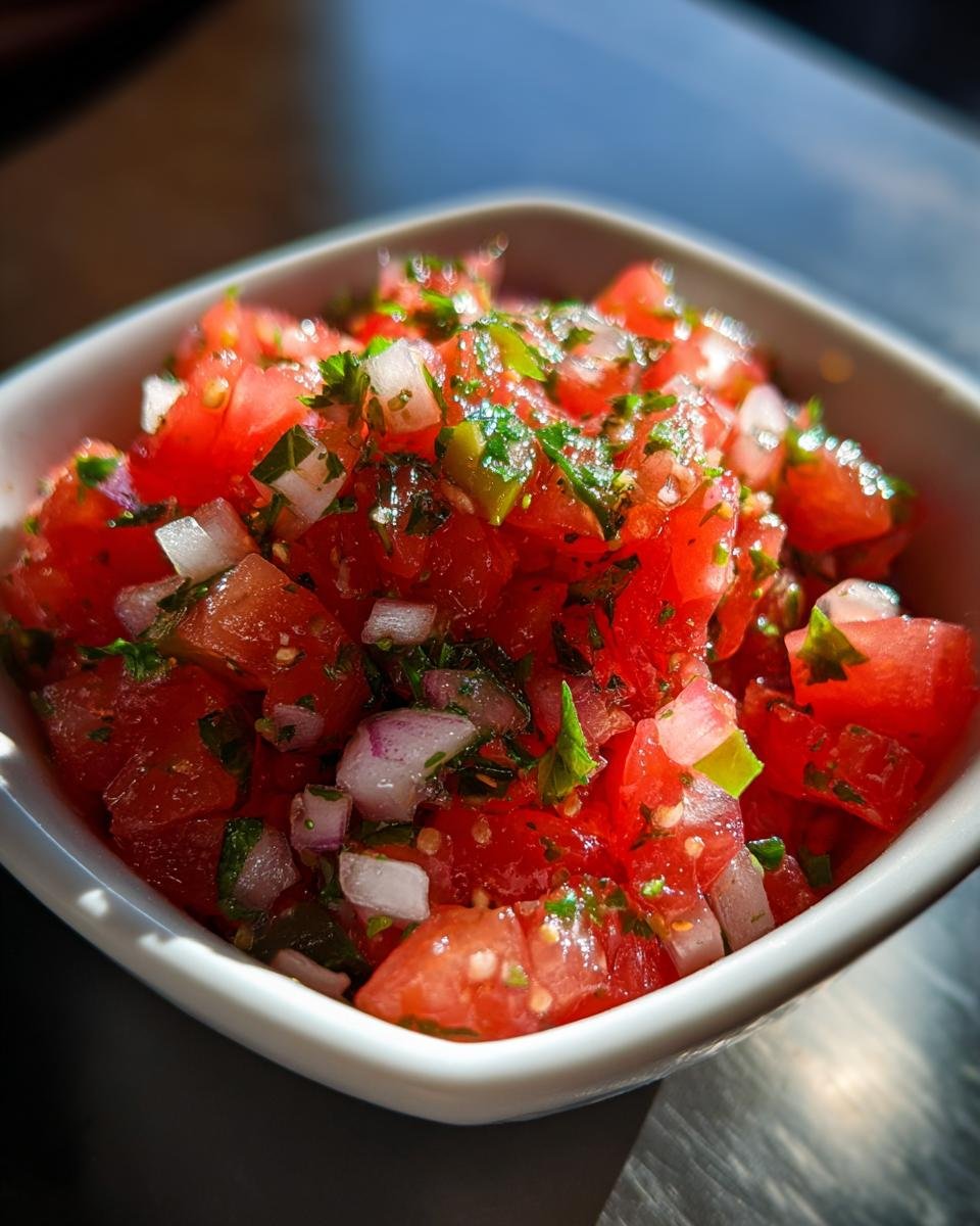 Close-up of fresh, chunky Two Minute Easy Pico De Gallo with diced tomatoes, onions, and cilantro in a white bowl.