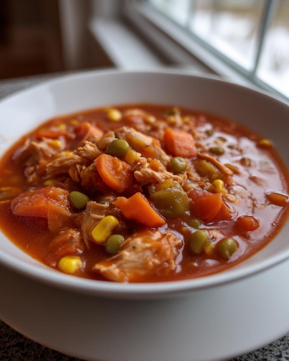 Close-up of a hearty bowl of Brunswick Stew recipe, featuring shredded chicken, carrots, peas, and corn in a rich tomato broth.