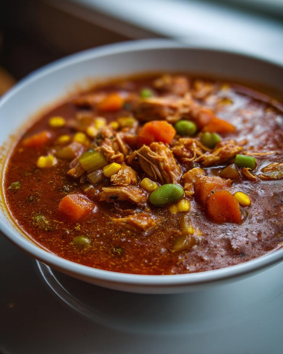 Close-up of a rich, red bowl of Brunswick Stew filled with shredded chicken, carrots, corn, and lima beans.