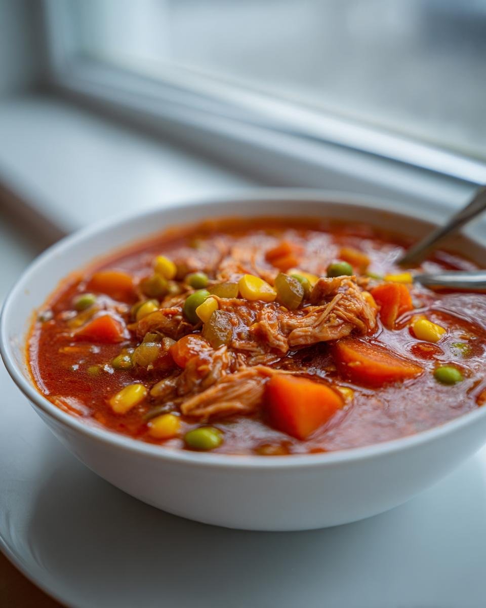 Close-up of a rich, tomato-based Brunswick Stew featuring shredded chicken, carrots, corn, and peas.