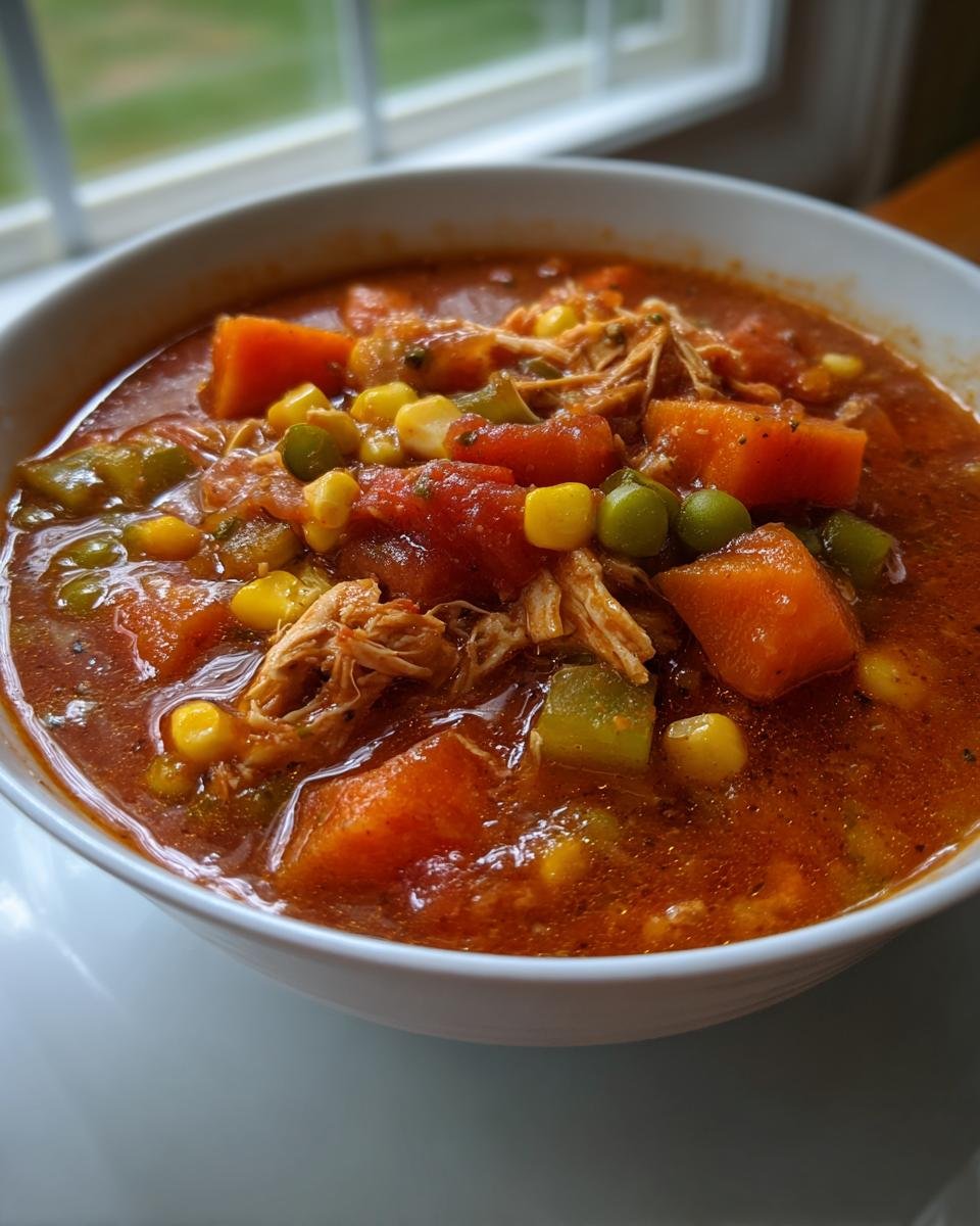 Close-up of a white bowl filled with hearty Brunswick stew, featuring shredded chicken, sweet potatoes, corn, and peas in a rich tomato broth.