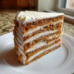 A tall, multi-layered slice of Ultimate Layered Cookie Cake showing alternating layers of brown cake and white cream cheese frosting.