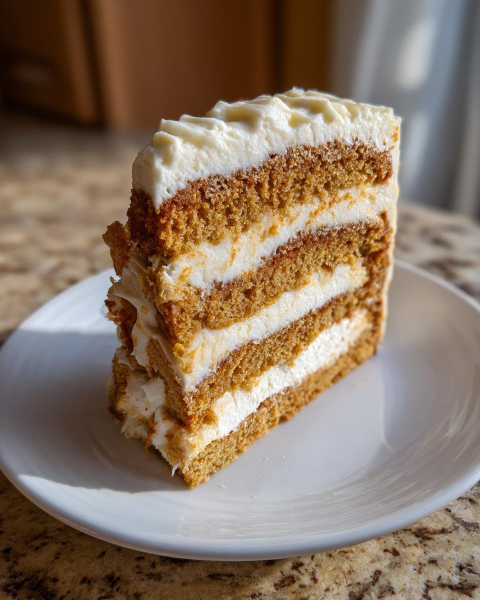 A tall slice of Ultimate Layered Cookie Cake showing three layers of cake and two layers of thick cream cheese frosting.